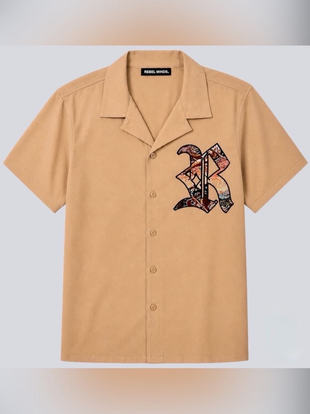 Rebel Minds Rebel Life Graphic Button Up Shirt Tan Men’s Size L NWT